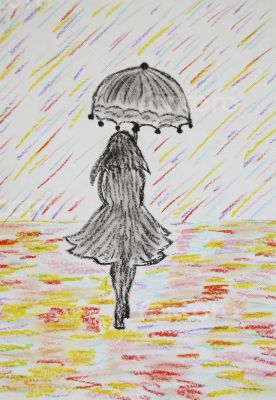 Girl with umbrella goes under a colored rain