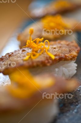Japanese style sushi fried goose liver
