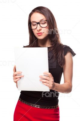Office girl holding empty paper blank template