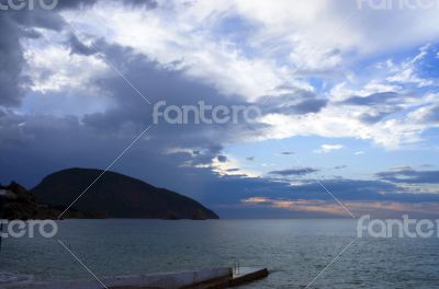 Mornig sea at sunrise in the bay Chekhov