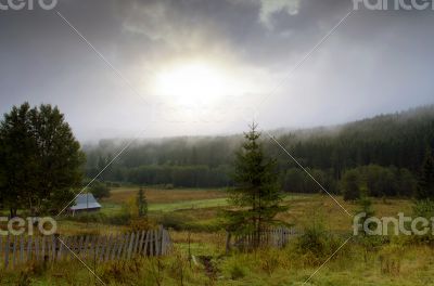 Foggy summer morning in the mountains. Carpathian, Ukraine,