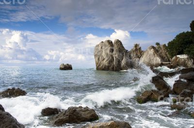 Stormy sea at sunrise in the bay Chekhov