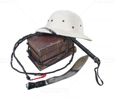 Exploration Adventure Books Pith Helmet Whip Dagger