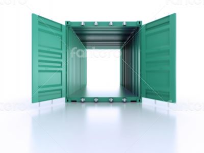 Bright green open empty metal shipping container on white backgr