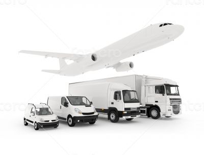 Cargo plane, truck, lorry and a delivery cars