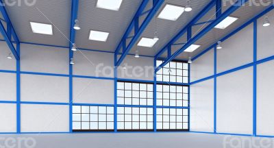Interior of a empty warehouse with blue colour construction