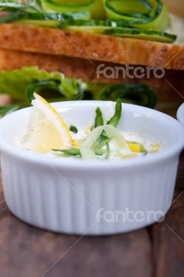 fresh vegetarian sandwich with garlic cheese dip salad