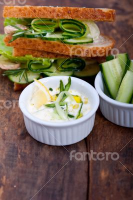 fresh vegetarian sandwich with garlic cheese dip salad