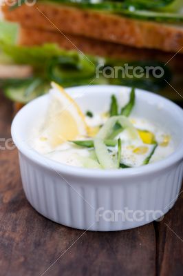fresh vegetarian sandwich with garlic cheese dip salad