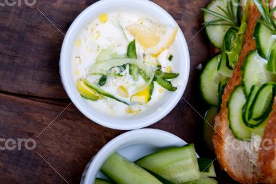 fresh vegetarian sandwich with garlic cheese dip salad