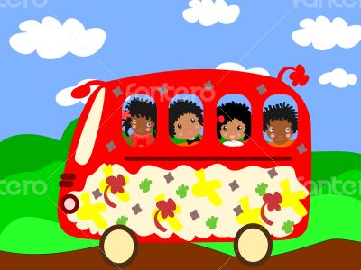 Happy African children go to school bus 