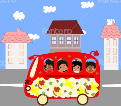 Happy African children go to school bus 
