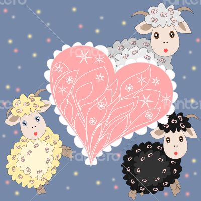 Holiday card with cute sheep and heart 