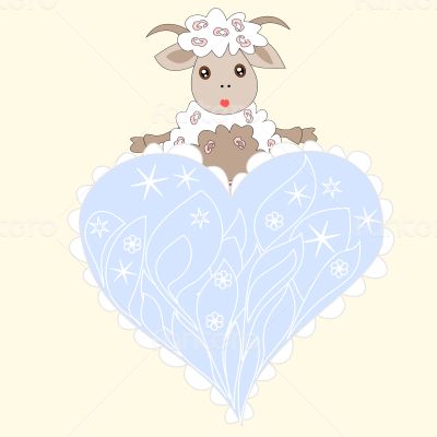 Christmas card with cute sheep and heart 