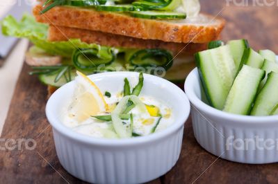 fresh vegetarian sandwich with garlic cheese dip salad