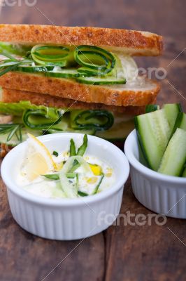 fresh vegetarian sandwich with garlic cheese dip salad