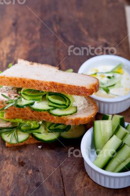fresh vegetarian sandwich with garlic cheese dip salad
