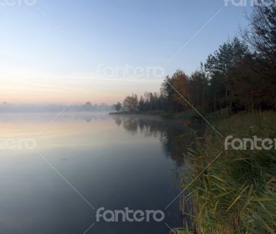 Foggy morning landscape in the autumn park near the lake. Vintag