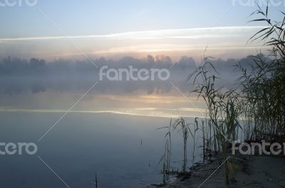 Foggy morning landscape in the autumn park near the lake. Vintag