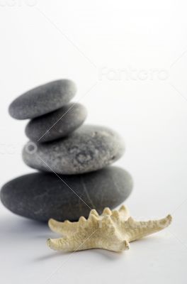pile of stones and sea star closeup on white background