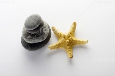 pile of stones and sea star closeup on white background