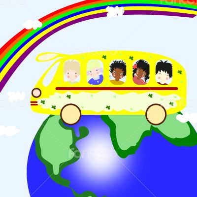 Children of different races are going on a  bus