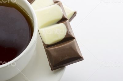 Cup of hot tea with dark chocolate