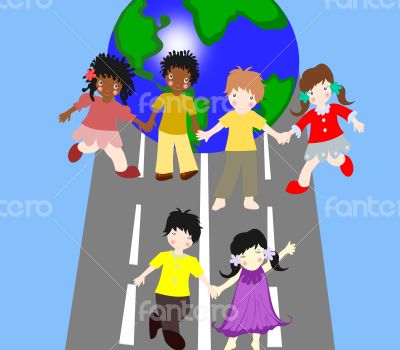 Children of different races are on the road 
