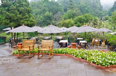 Seating area of the restaurant in the morning.