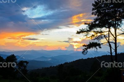 Sunset over high mountain range