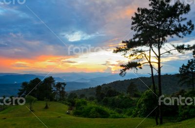 Sunset over high mountain range