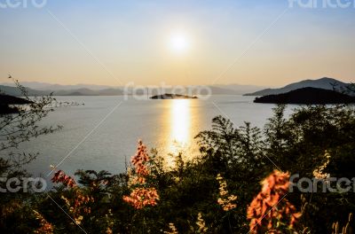 Landscape of the lake at sunset.