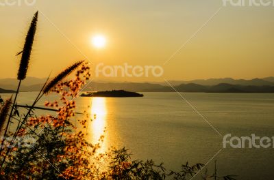 High angle view beautiful lake at sunset