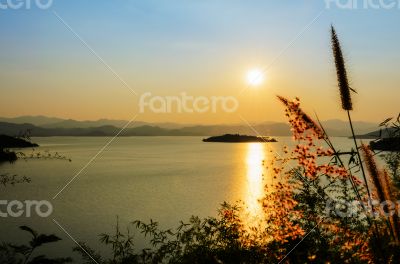 High angle view beautiful lake at sunset