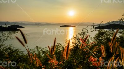 High angle view beautiful lake at sunset