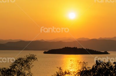 High angle view beautiful lake and island at sunset