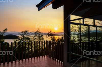 High angle view beautiful lake at sunset from resort