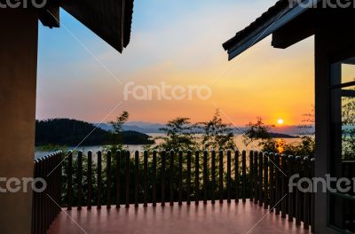 High angle view beautiful lake at sunset from resort