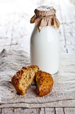 bottle of milk and fresh baked bread 