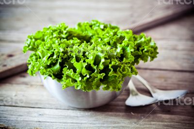 lettuce salad in metal bowl and spoons 