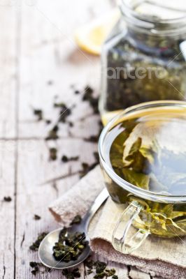 cup of green tea and lemon 