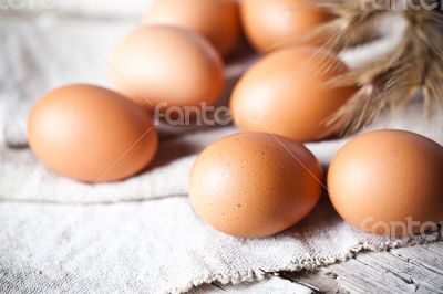  fresh brown eggs and wheat ears 