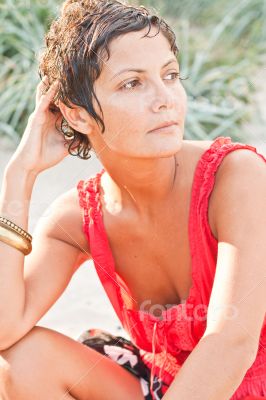 brunet woman in red