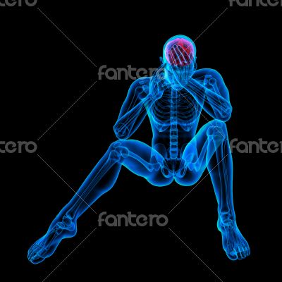 3d rendered blue skeleton of a sitting