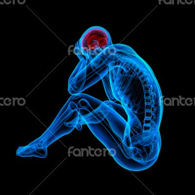 3d rendered blue skeleton of a sitting