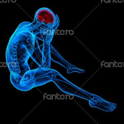 3d rendered blue skeleton of a sitting