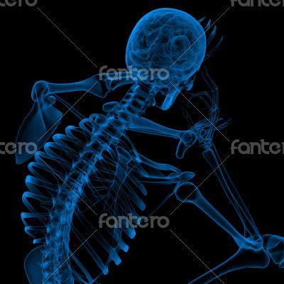 3d render blue skeleton of a sitting 