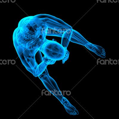 3d render blue skeleton of a sitting 