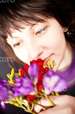 beautiful woman with purple flowers