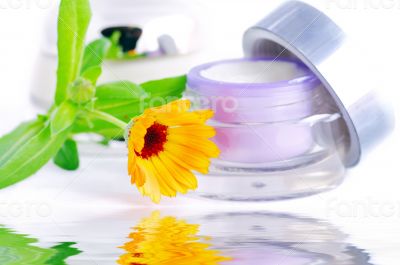 Closeup of jar of moisturizing face cream and fresh nasturtium f